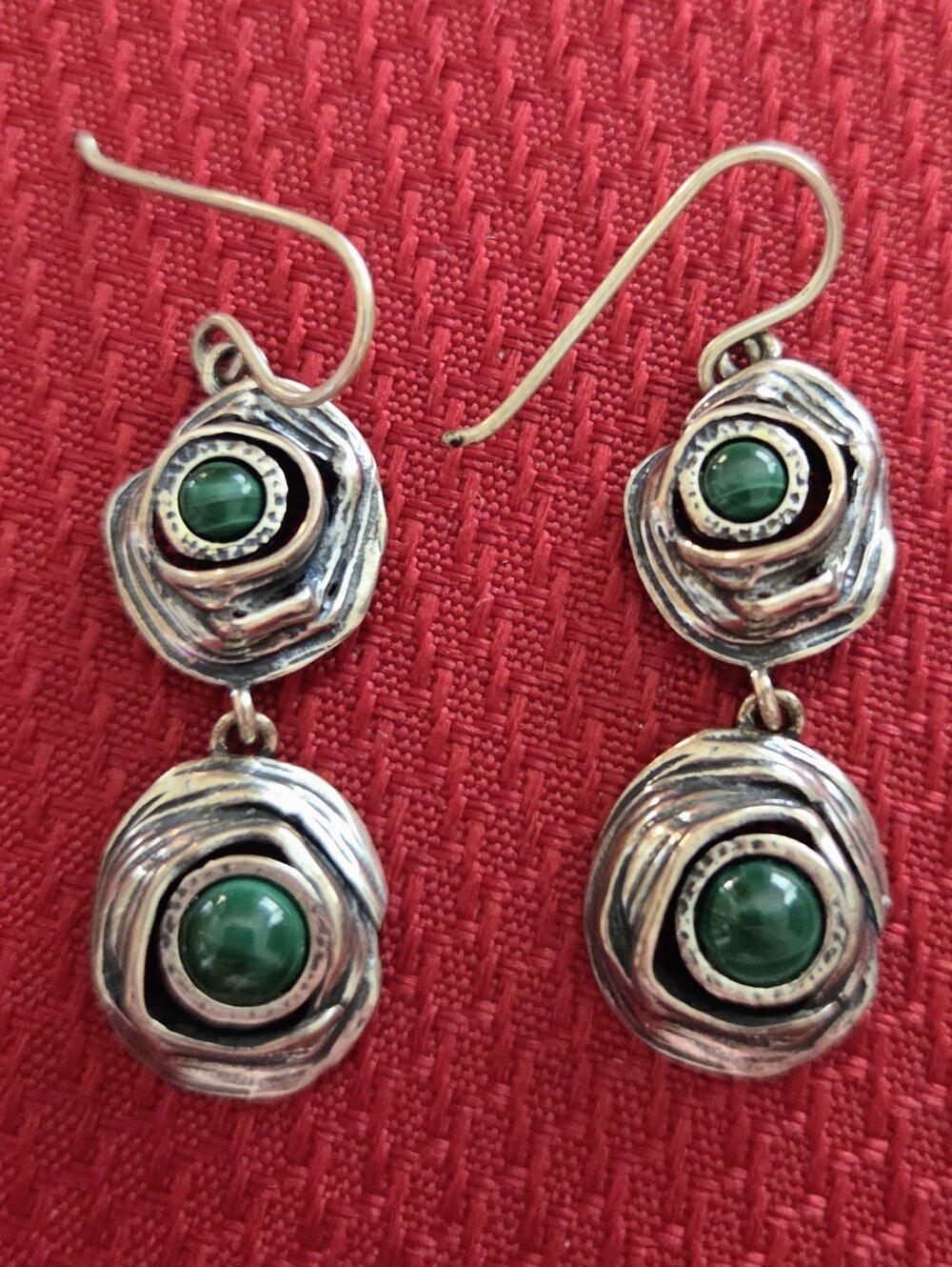 Vintage JCM,"Jacmel", 925 Sterling Silver Israel Malachite Dangle Earrings.